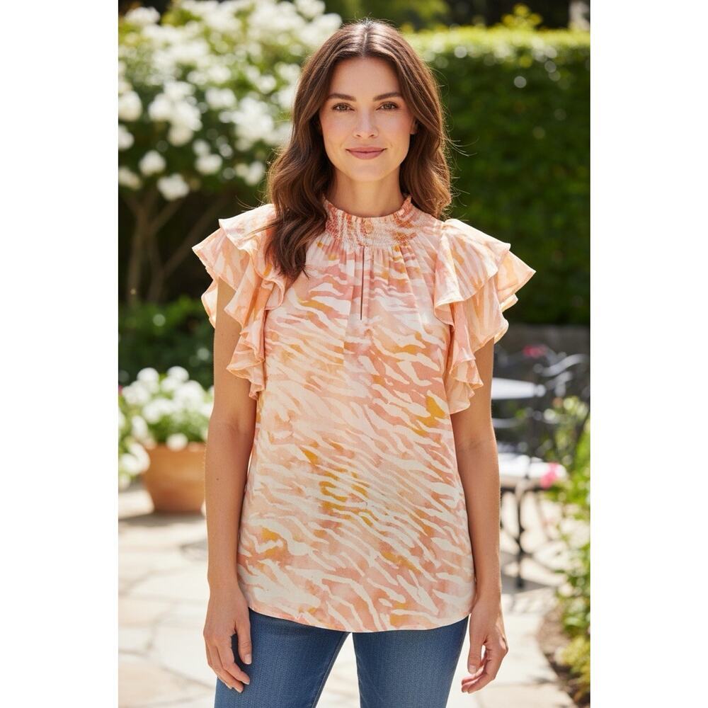DR2 Orange Zebra Print Chiffon Ruffle Sleeve Modest Career Top Womens S New